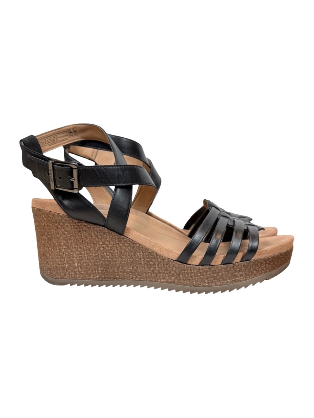Vionic Clarisa Raffia Black Leather Ankle Strap Wedge Sandals Size 9.5